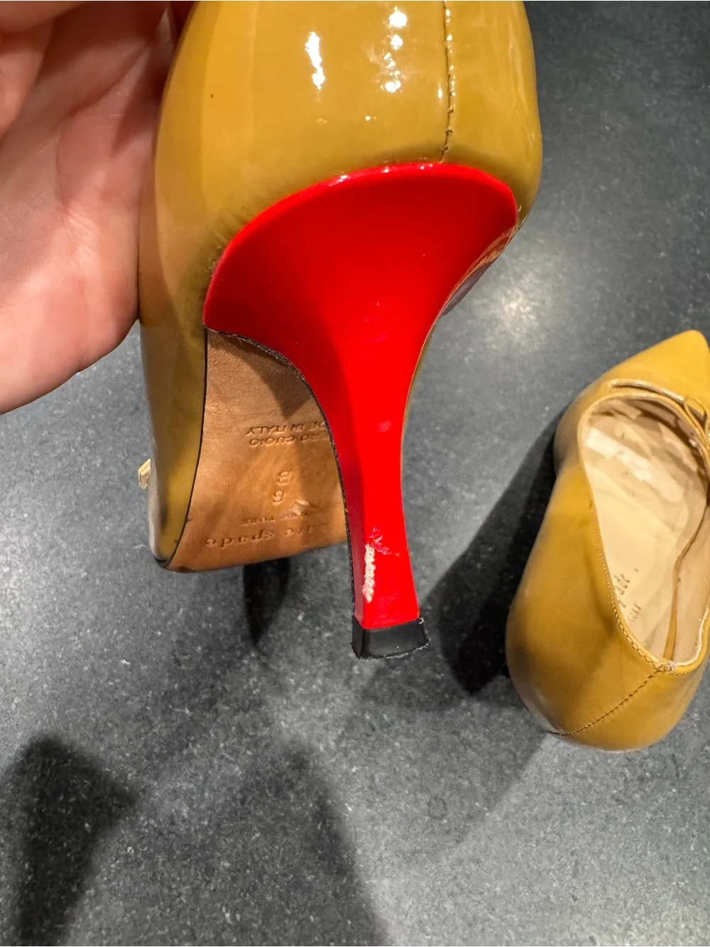 kate spade Tan Patent Pointed-Toe Pumps with Bow Detail and Red heel